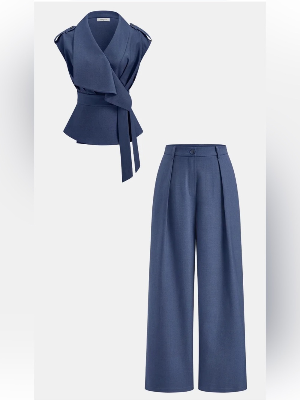 Commense Wrap Front Fitted Top & Pleated Pants Set